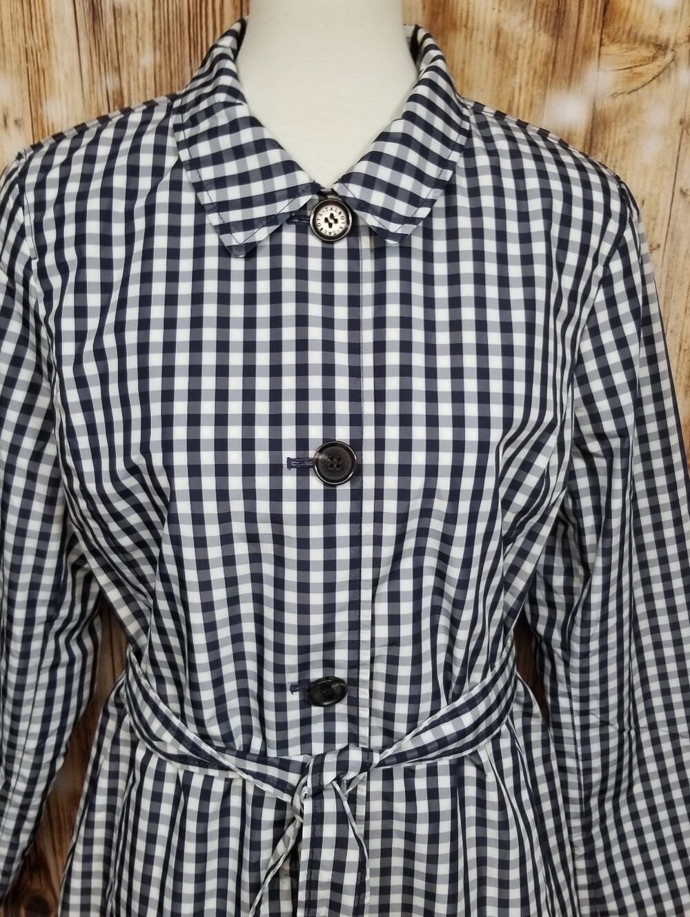 Talbots Womens XL Petite Navy Gingham Check Button Belted Trench Raincoat Jacket - Picture 4 of 12